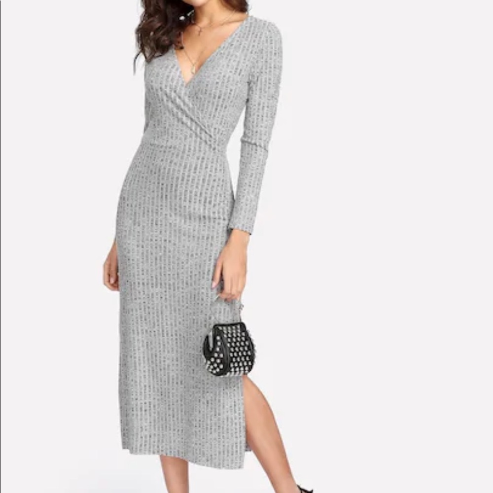 Gray Knit Ribbed Dress